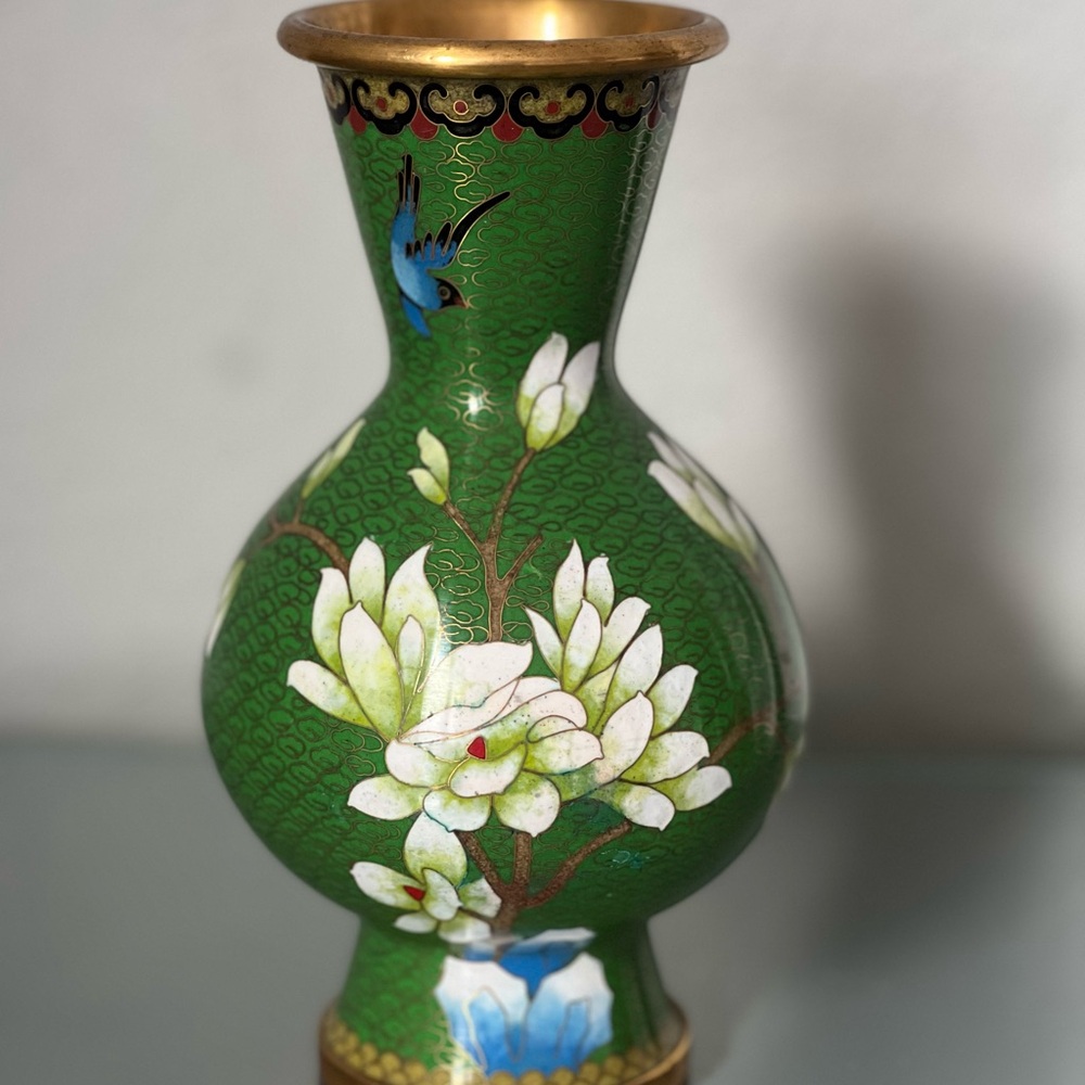 Vintage Green Cloisonné Vase with Floral Design